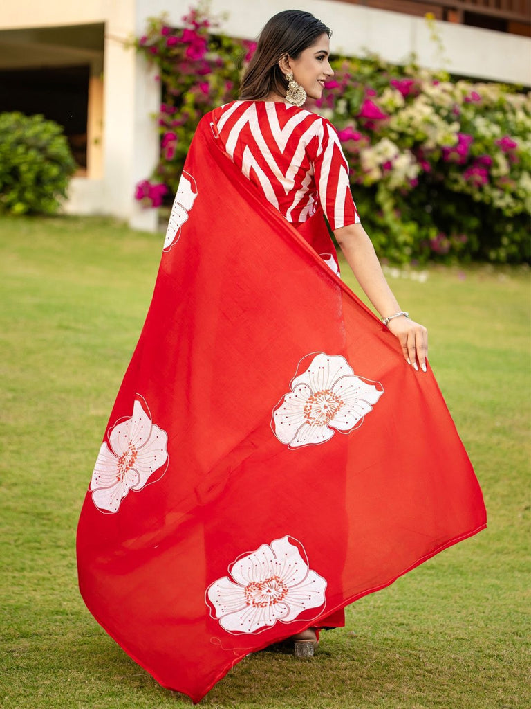 YASHODA PURE MULMUL COTTON HAND  BLOCK PRINT FLOWER TEST RED SAREE