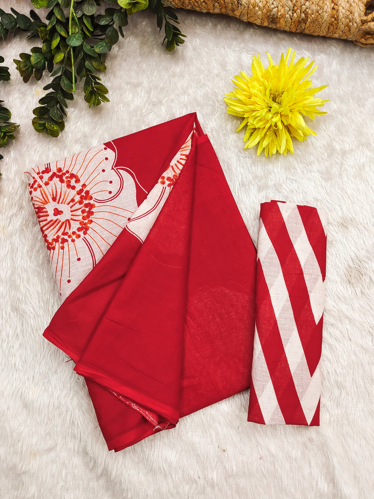 YASHODA PURE MULMUL COTTON HAND  BLOCK PRINT FLOWER TEST RED SAREE