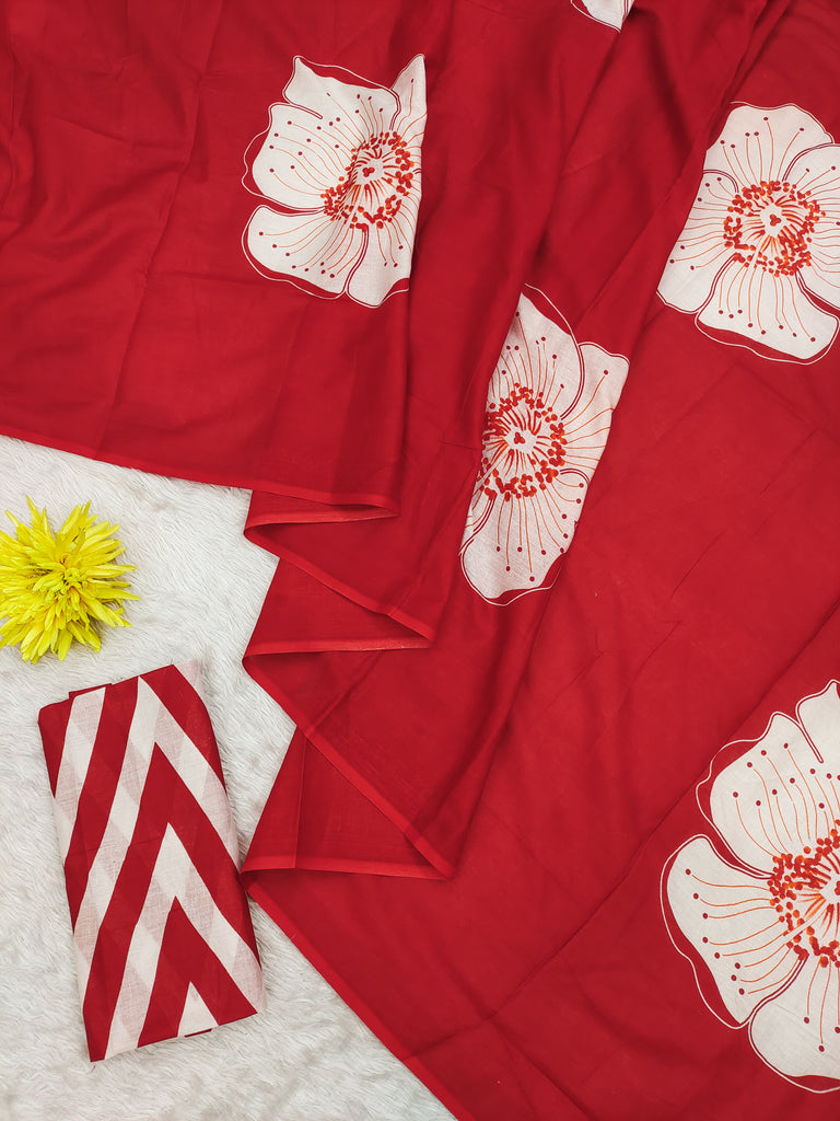 YASHODA PURE MULMUL COTTON HAND  BLOCK PRINT FLOWER TEST RED SAREE