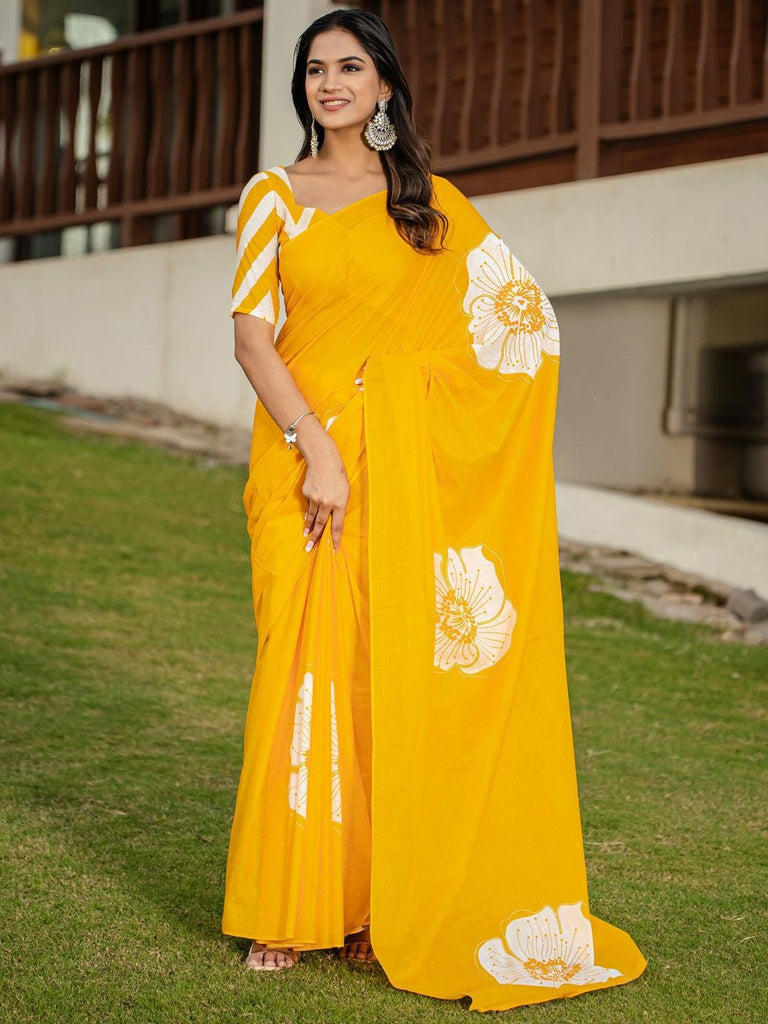 YASHODA PURE MULMUL COTTON HAND  BLOCK PRINT FLOWER TEST YELLOW SAREE