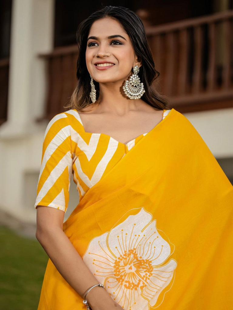 YASHODA PURE MULMUL COTTON HAND  BLOCK PRINT FLOWER TEST YELLOW SAREE