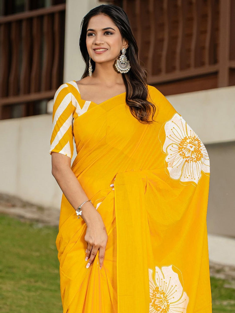 YASHODA PURE MULMUL COTTON HAND  BLOCK PRINT FLOWER TEST YELLOW SAREE
