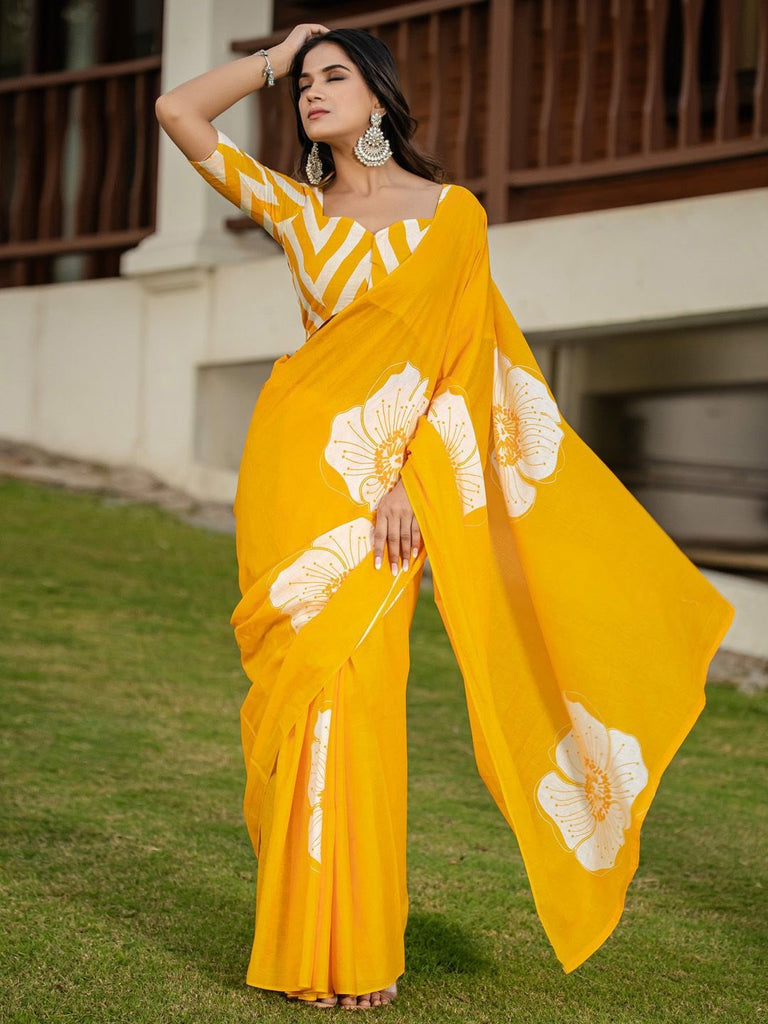 YASHODA PURE MULMUL COTTON HAND  BLOCK PRINT FLOWER TEST YELLOW SAREE
