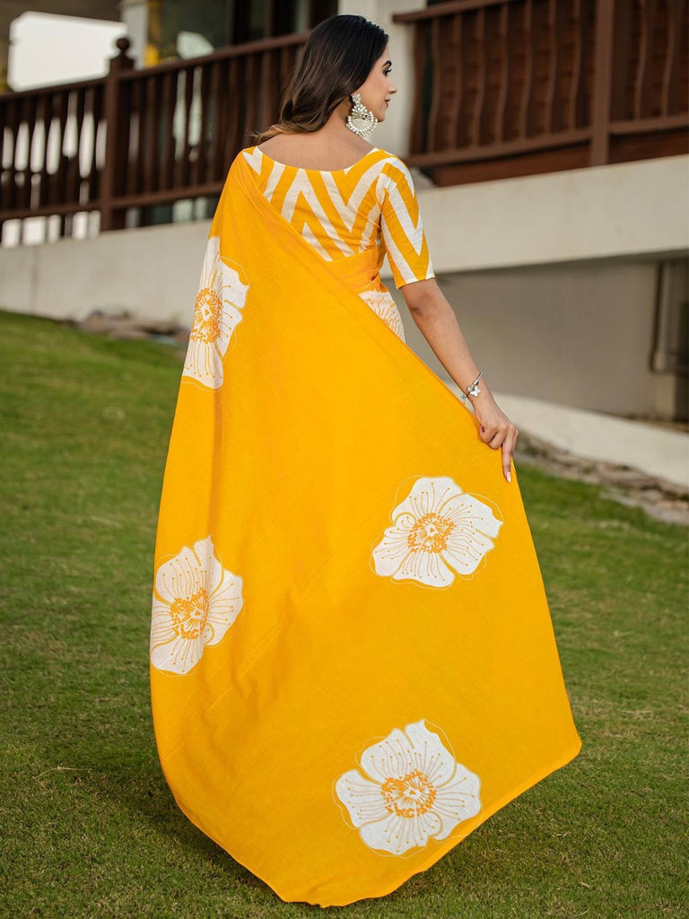 YASHODA PURE MULMUL COTTON HAND  BLOCK PRINT FLOWER TEST YELLOW SAREE
