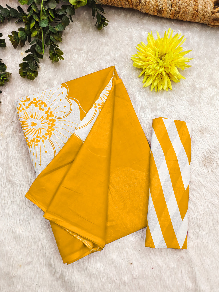 YASHODA PURE MULMUL COTTON HAND  BLOCK PRINT FLOWER TEST YELLOW SAREE