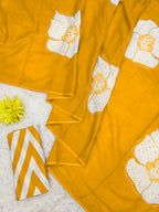YASHODA PURE MULMUL COTTON HAND  BLOCK PRINT FLOWER TEST YELLOW SAREE