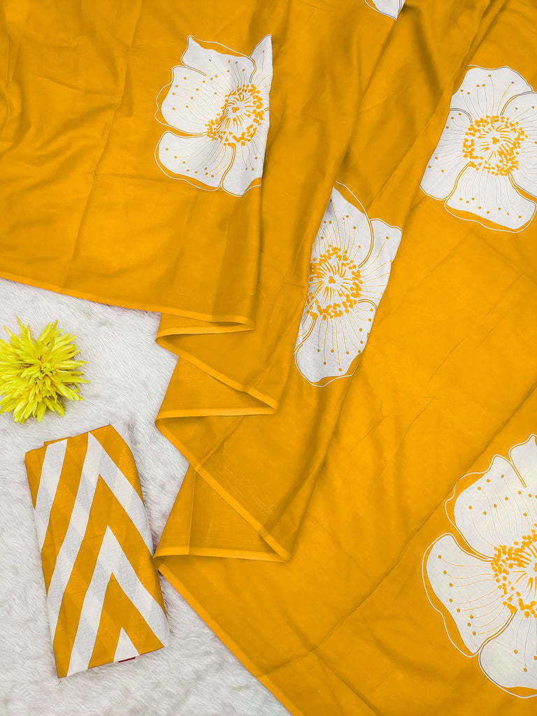 YASHODA PURE MULMUL COTTON HAND  BLOCK PRINT FLOWER TEST YELLOW SAREE