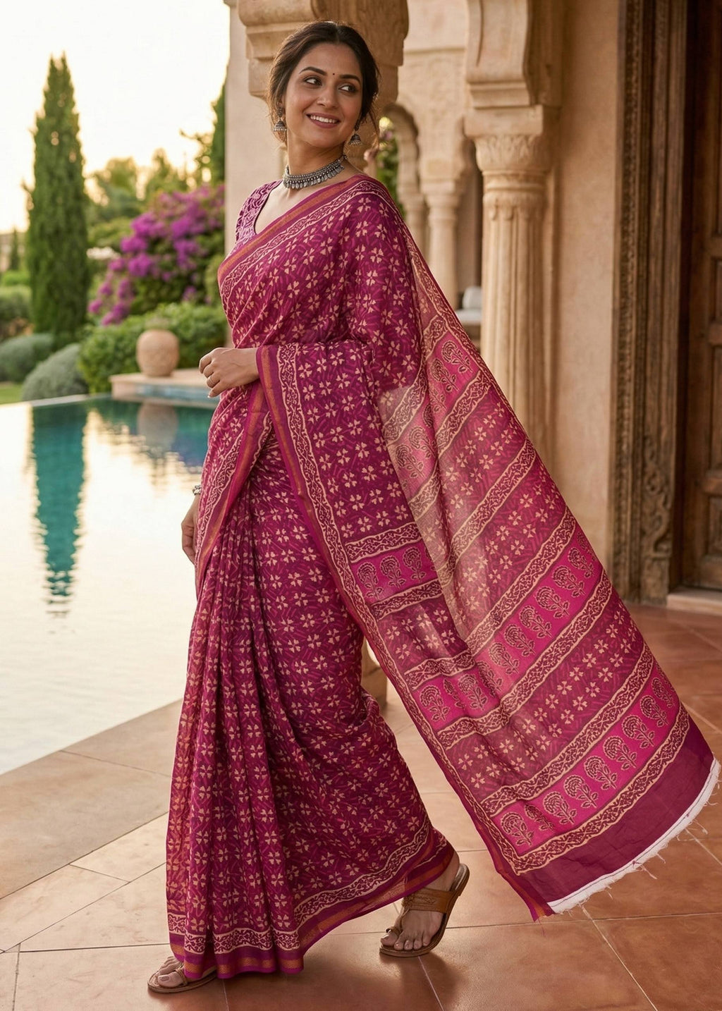 BAGRU BLOCK PRINT SOFT MASLIN COTTON WITH ZARI BORDER PINK SAREE WITH BLOUSE
