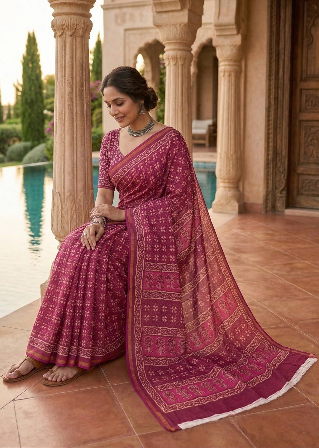 BAGRU BLOCK PRINT SOFT MASLIN COTTON WITH ZARI BORDER PINK SAREE WITH BLOUSE
