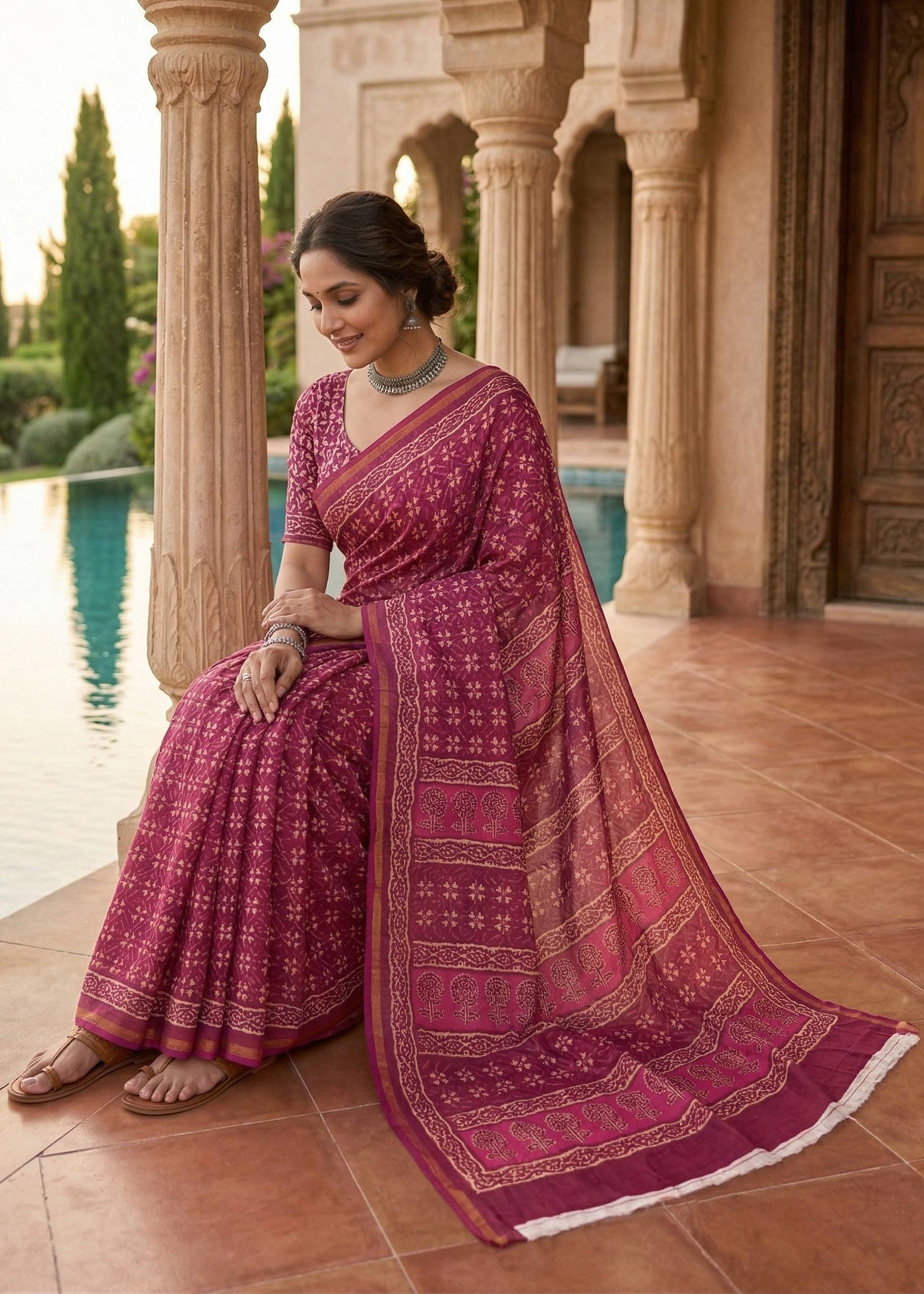 BAGRU BLOCK PRINT SOFT MASLIN COTTON WITH ZARI BORDER PINK SAREE WITH BLOUSE