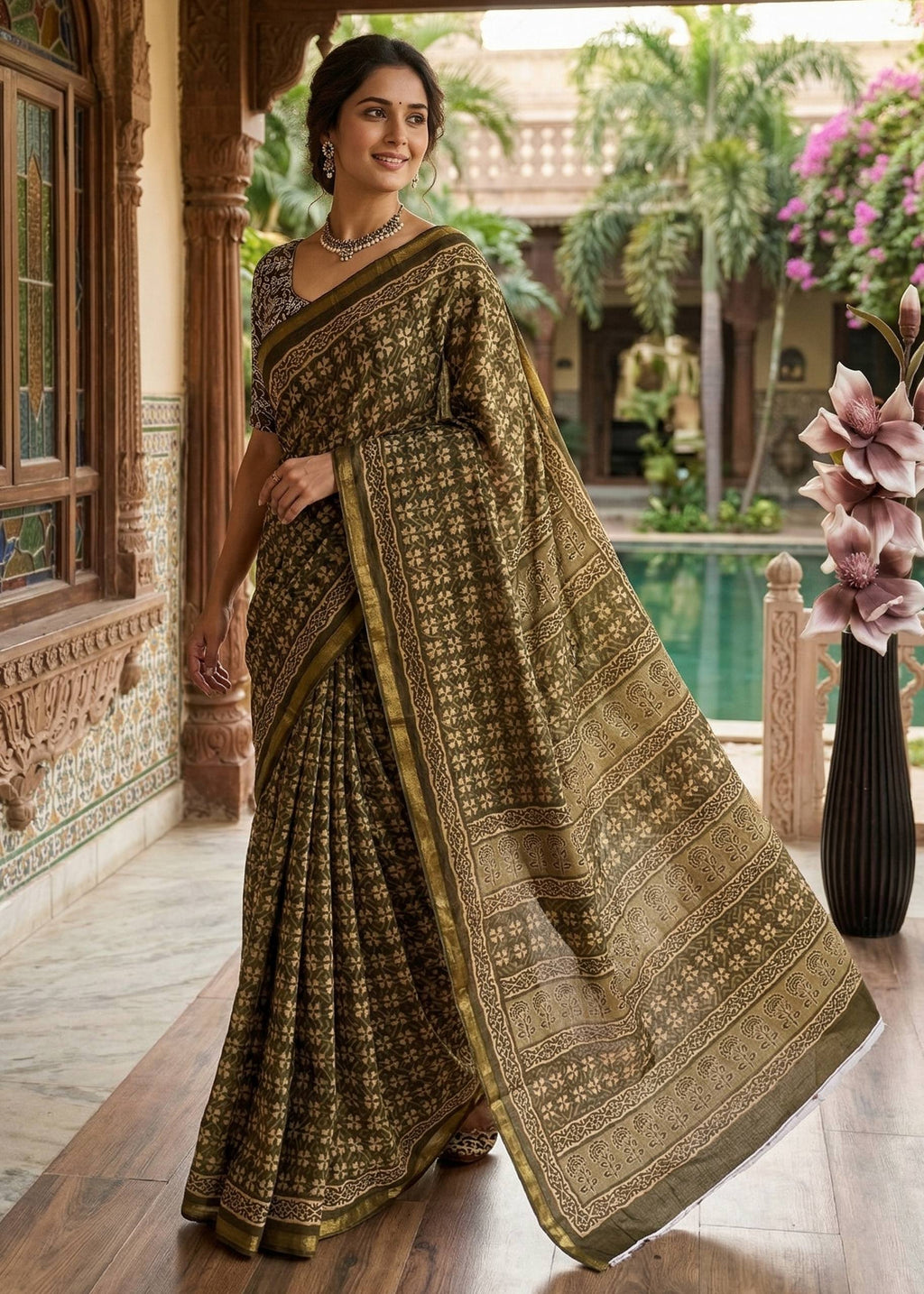 BAGRU BLOCK PRINT SOFT MASLIN COTTON WITH ZARI BORDER MULTICOLOR SAREE WITH BLOUSE