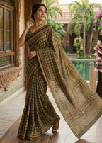 BAGRU BLOCK PRINT SOFT MASLIN COTTON WITH ZARI BORDER MULTICOLOR SAREE WITH BLOUSE