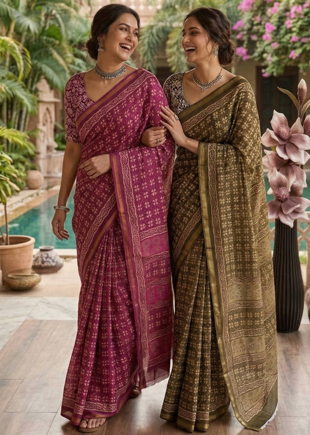 BAGRU BLOCK PRINT SOFT MASLIN COTTON WITH ZARI BORDER PINK SAREE WITH BLOUSE