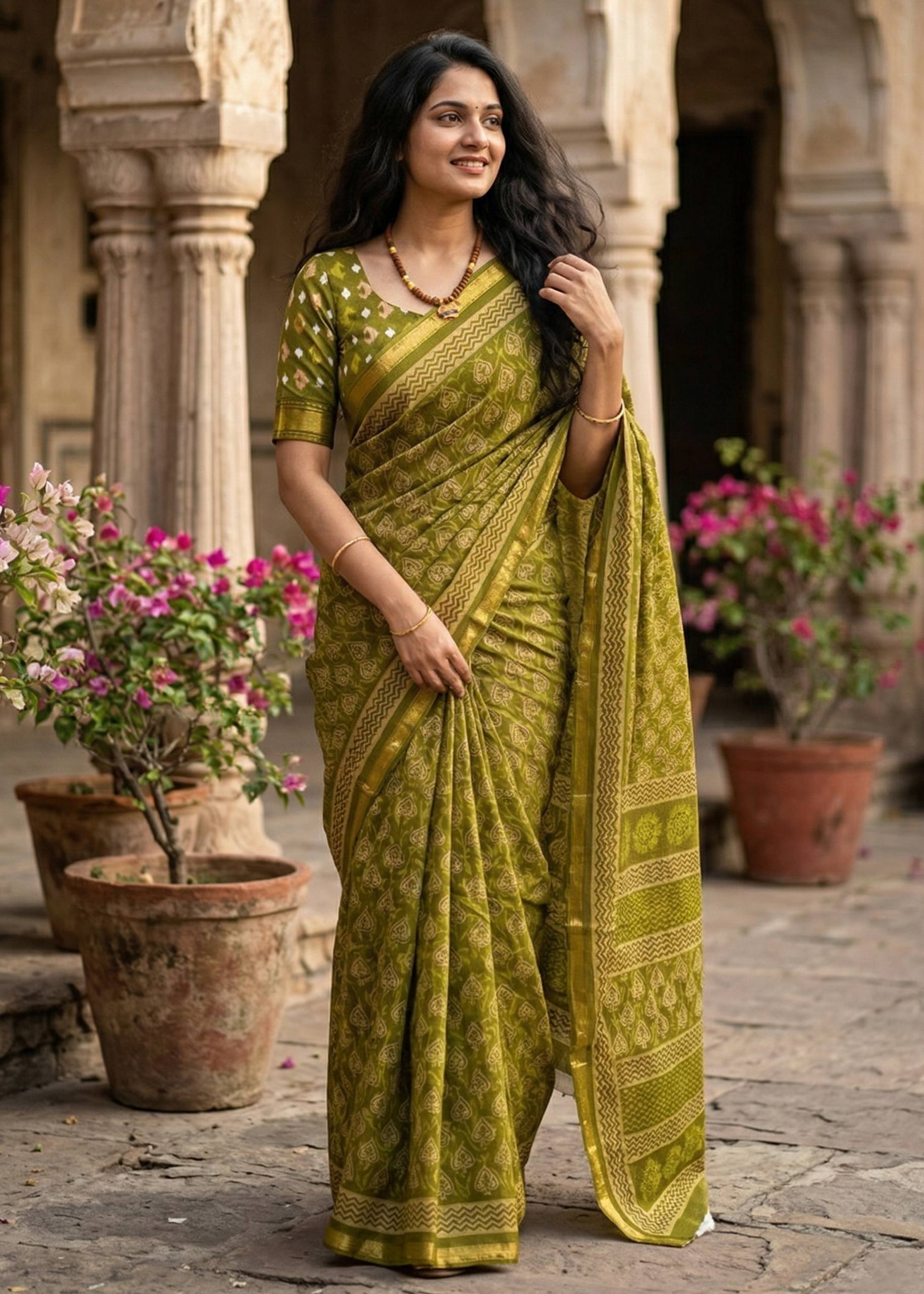 BAGRU BLOCK PRINT SOFT MASLIN COTTON WITH ZARI BORDER GREEN SAREE WITH BLOUSE