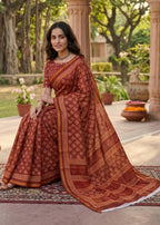 BAGRU BLOCK PRINT SOFT MASLIN COTTON WITH ZARI BORDER MAROON SAREE WITH BLOUSE