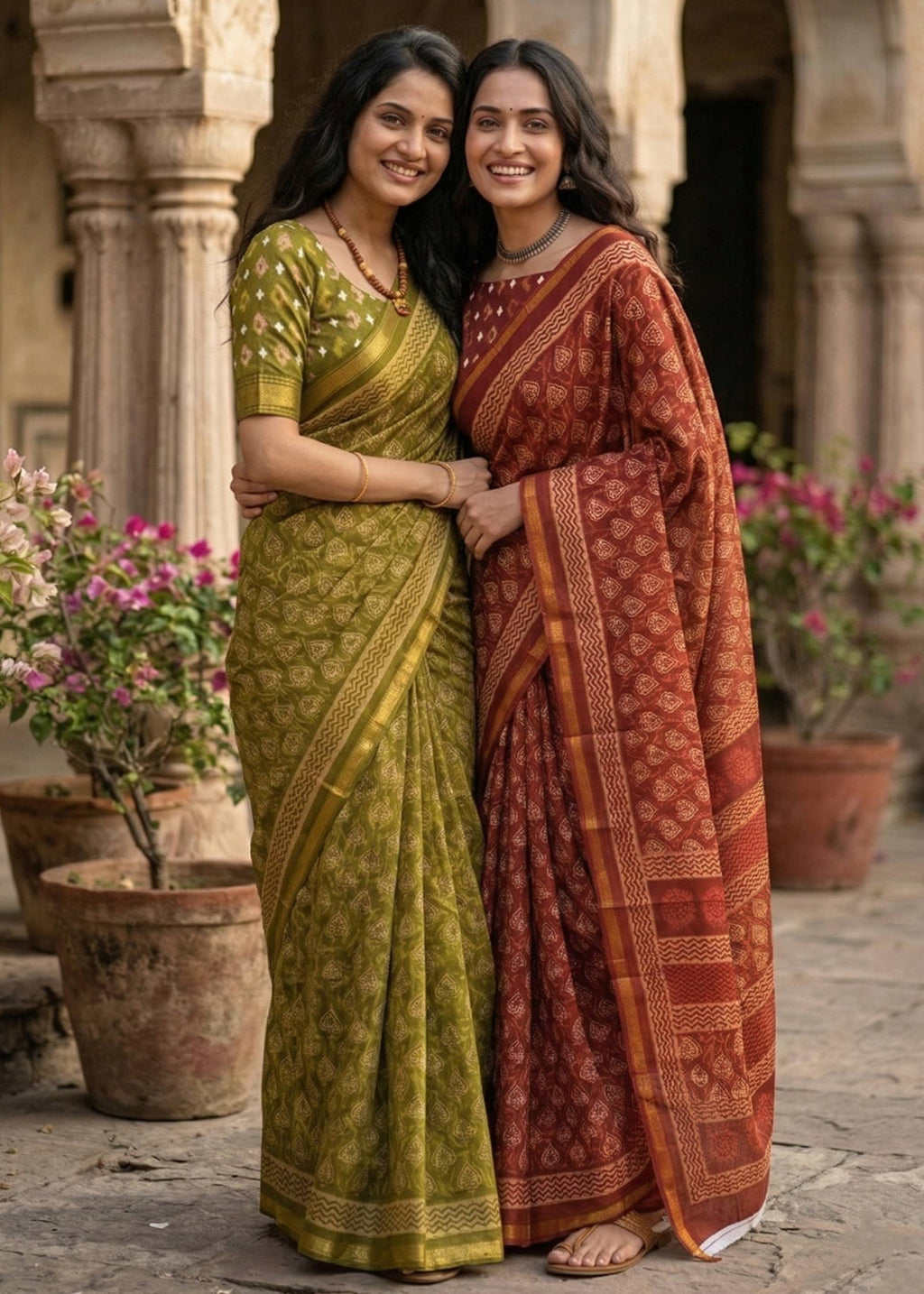 BAGRU BLOCK PRINT SOFT MASLIN COTTON WITH ZARI BORDER GREEN SAREE WITH BLOUSE