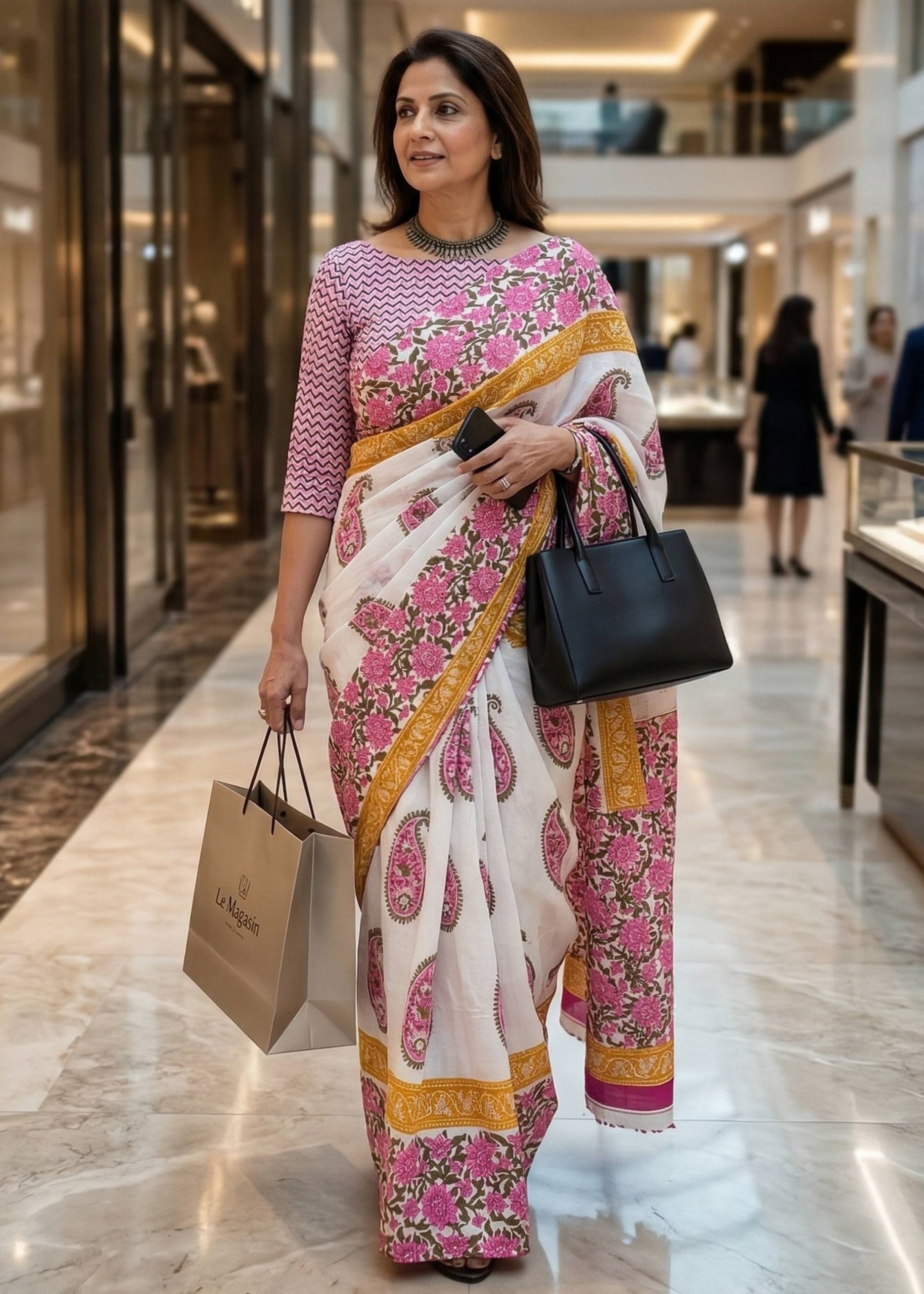 PURE MULMUL COTTON RAJESHTANI HAND BLOCK PRINTED WHITE SAREE WITH BLOUSE
