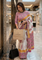PURE MULMUL COTTON RAJESHTANI HAND BLOCK PRINTED WHITE SAREE WITH BLOUSE