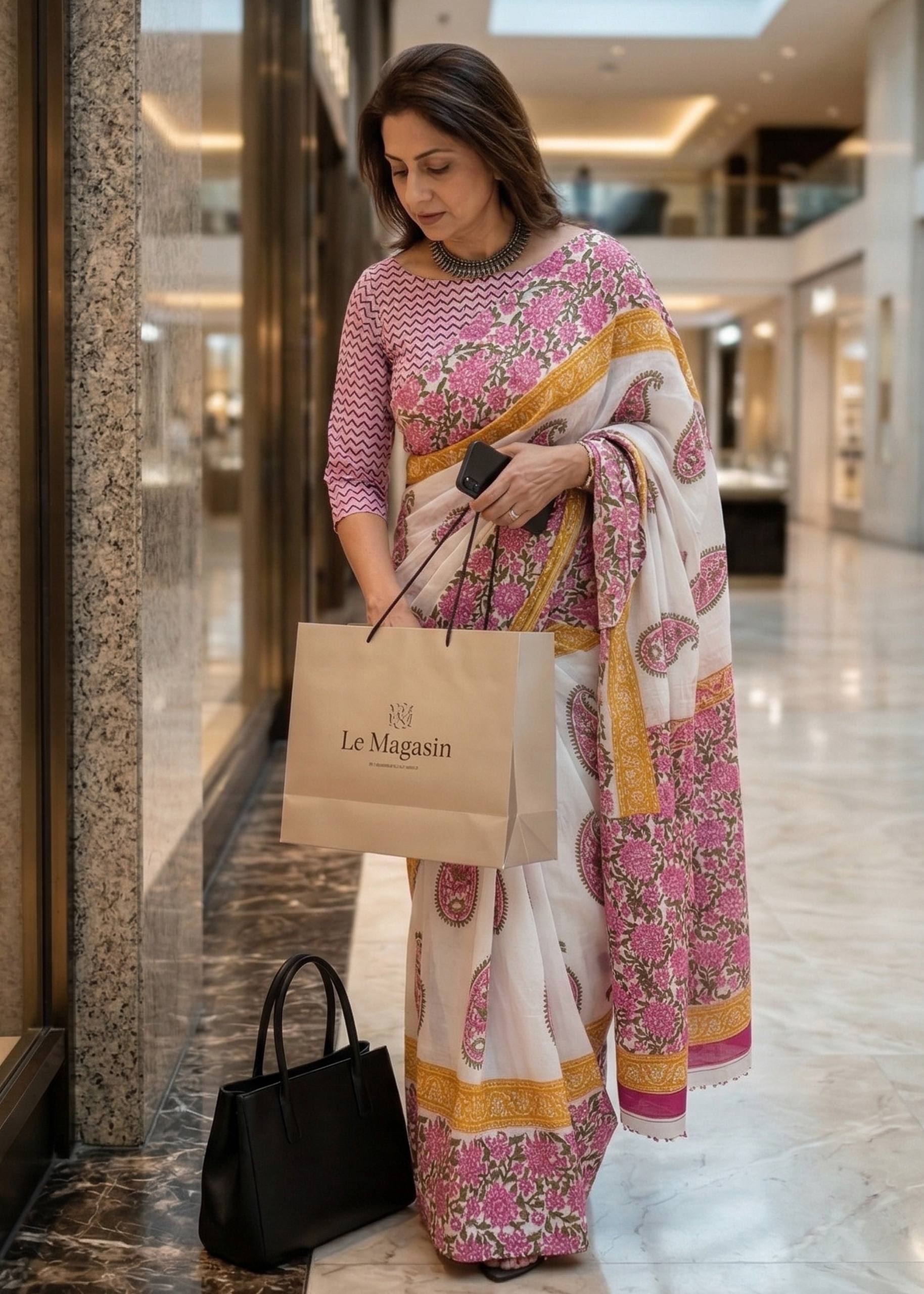 PURE MULMUL COTTON RAJESHTANI HAND BLOCK PRINTED WHITE SAREE WITH BLOUSE