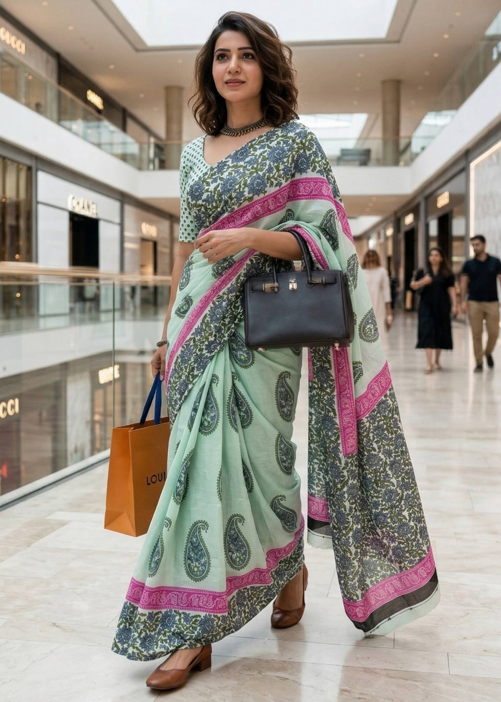 PURE MULMUL COTTON RAJESHTANI HAND BLOCK PRINTED PISTA GREEN SAREE WITH BLOUSE