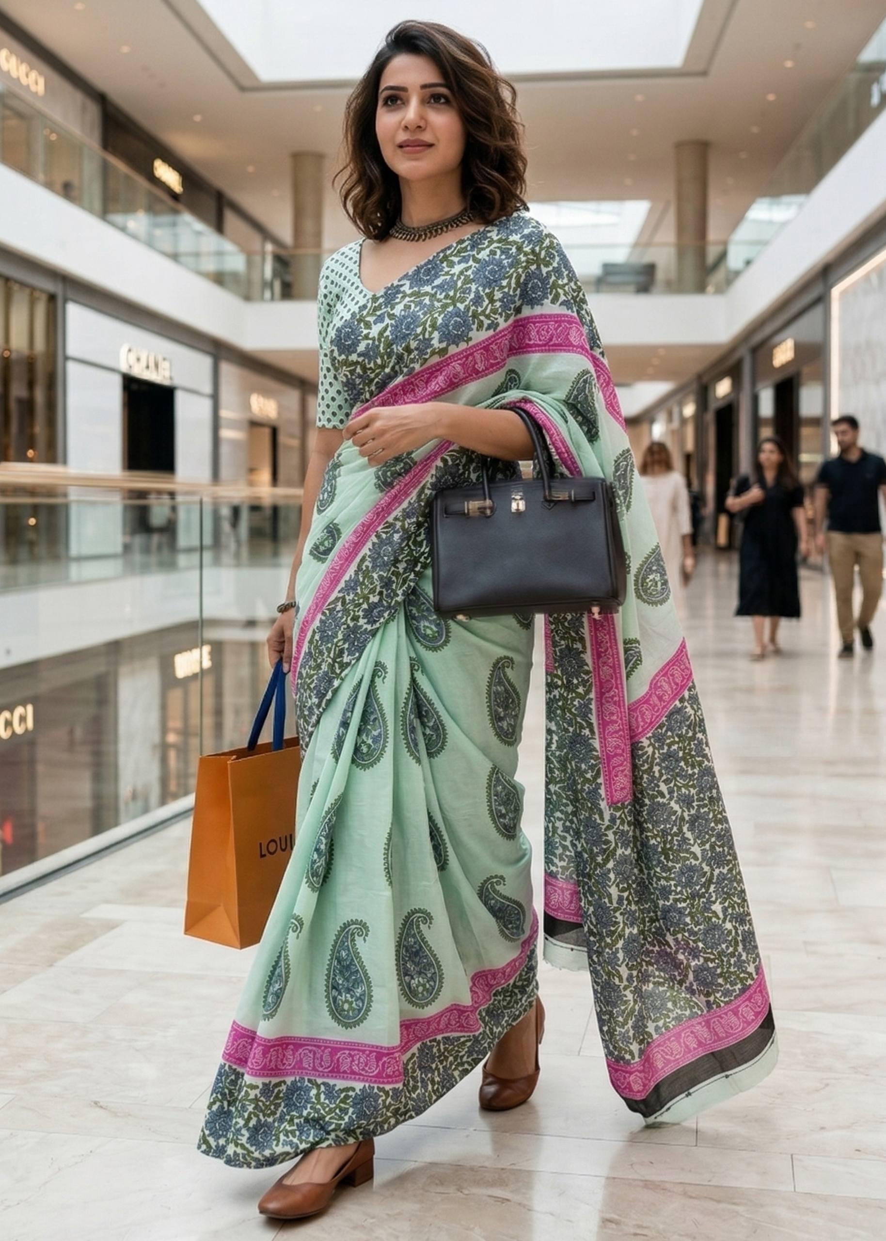 PURE MULMUL COTTON RAJESHTANI HAND BLOCK PRINTED PISTA GREEN SAREE WITH BLOUSE