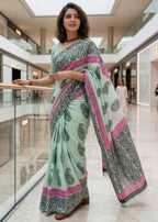 PURE MULMUL COTTON RAJESHTANI HAND BLOCK PRINTED PISTA GREEN SAREE WITH BLOUSE