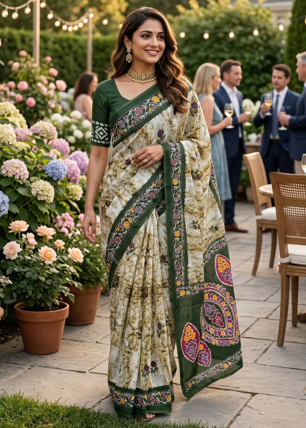 PURE SOFT COTTON JAIPURI BLOCK PRINT GREEN SAREE WITH BLOUSE