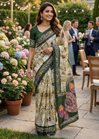 PURE SOFT COTTON JAIPURI BLOCK PRINT GREEN SAREE WITH BLOUSE