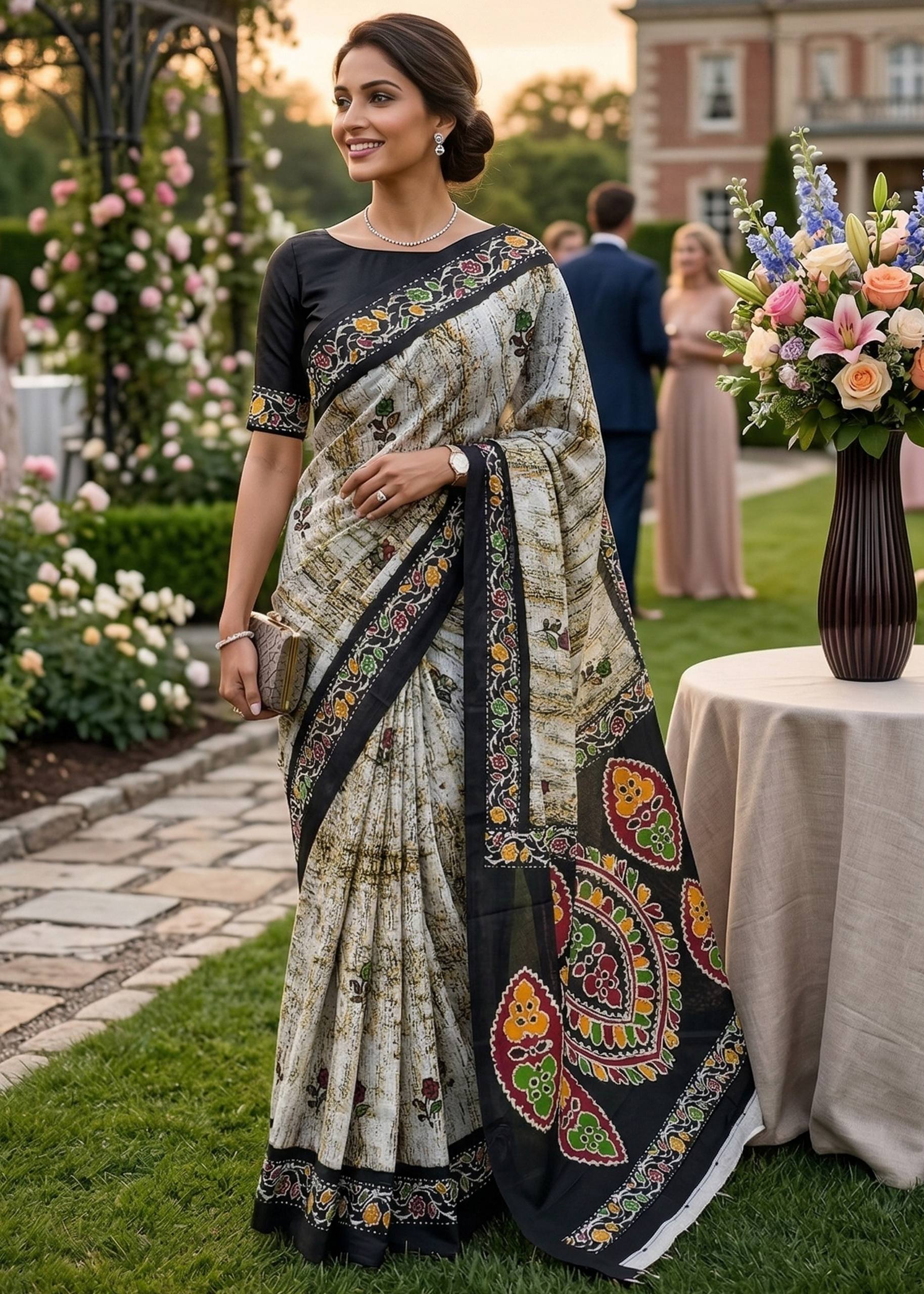 PURE SOFT COTTON JAIPURI BLOCK PRINT BLACK SAREE WITH BLOUSE