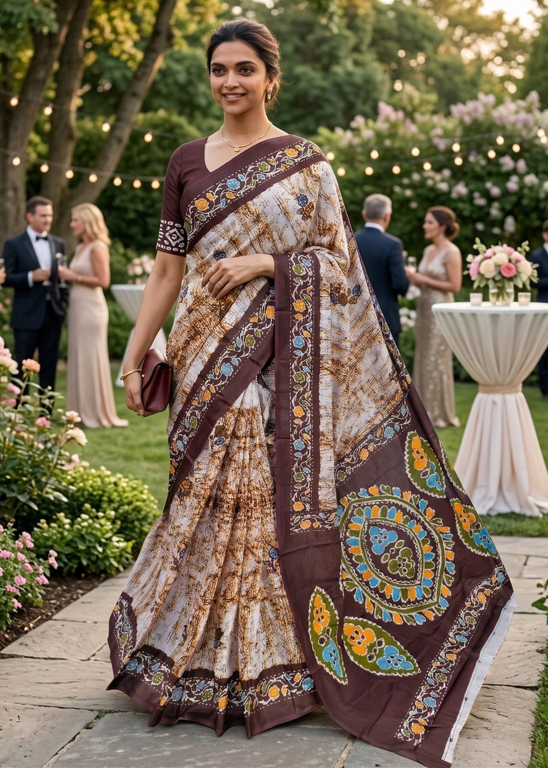 PURE SOFT COTTON JAIPURI BLOCK PRINT BROWN SAREE WITH BLOUSE