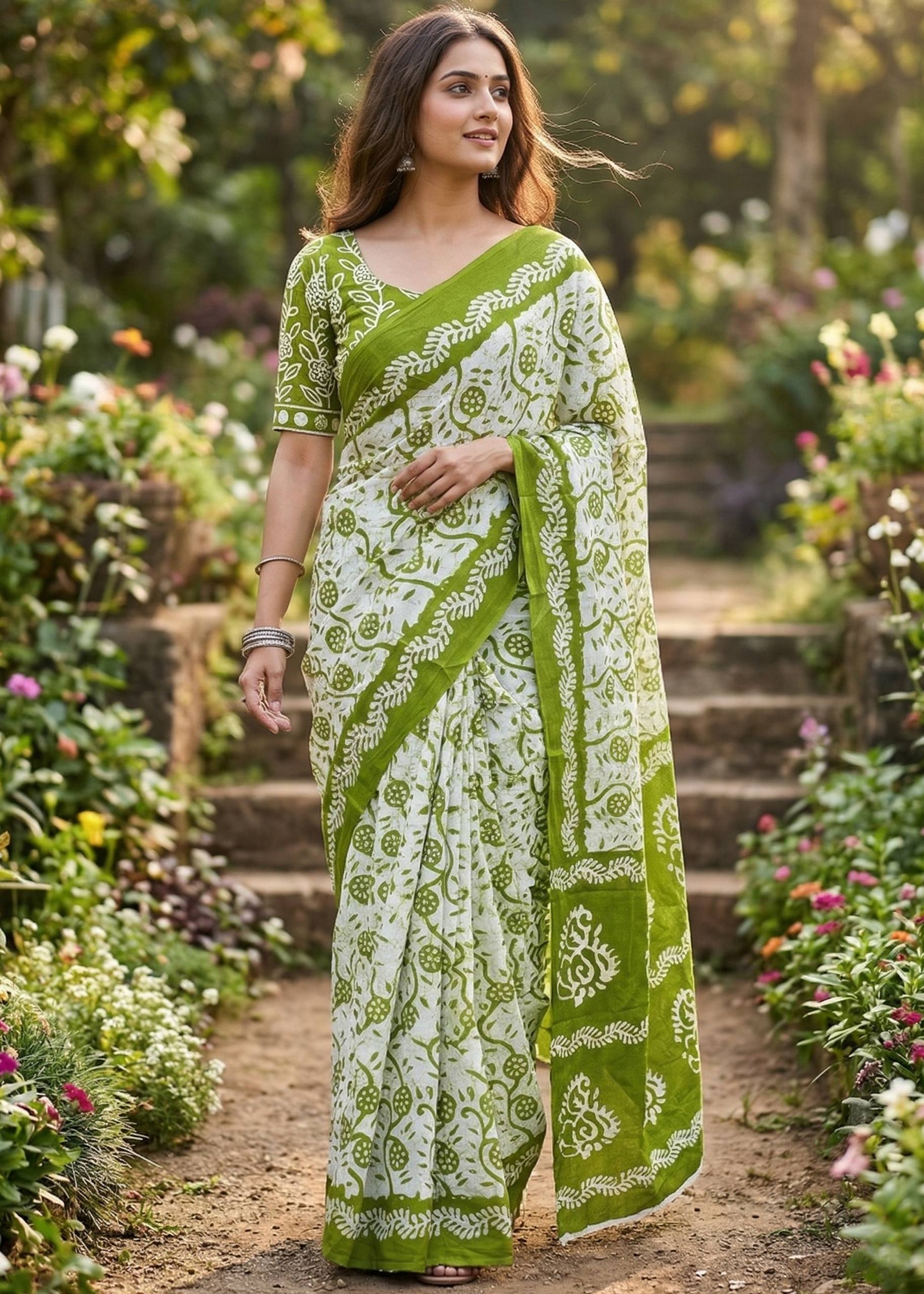 PURE SOFT COTTON BATIK PRINT GREEN SAREE WITH BLOUSE
