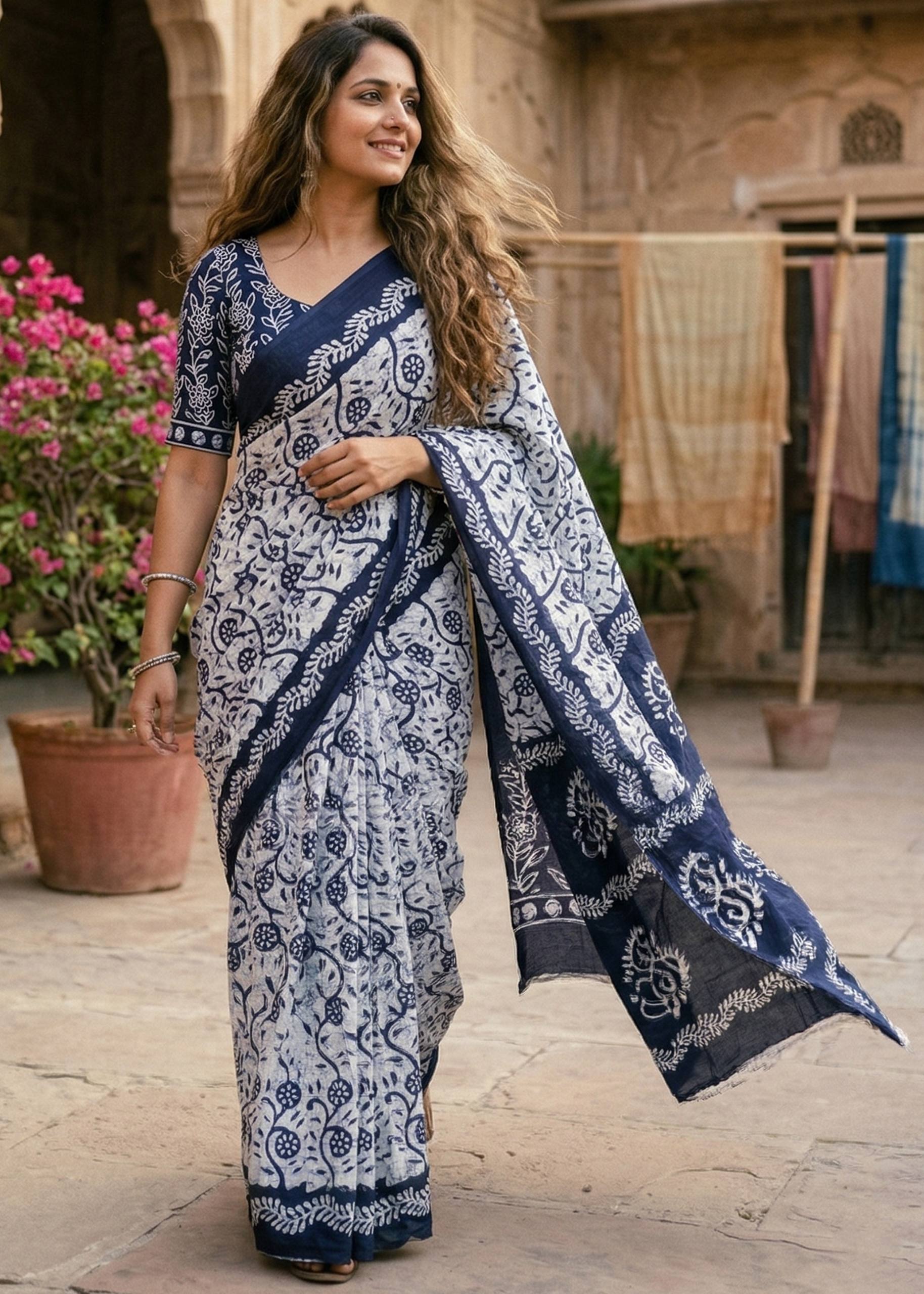 PURE SOFT COTTON BATIK PRINT BLUE SAREE WITH BLOUSE