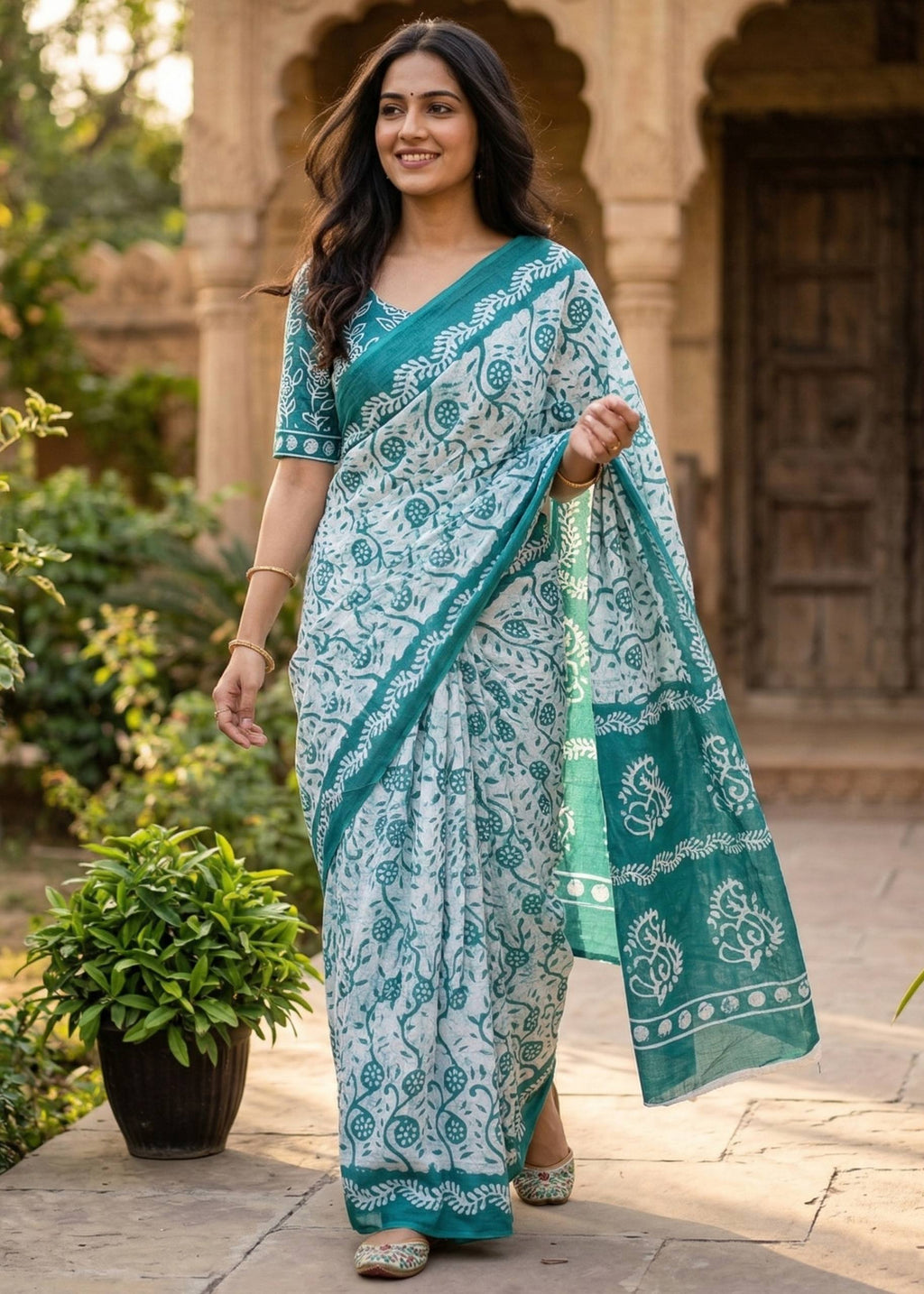 PURE SOFT COTTON BATIK PRINT SKY BLUE SAREE WITH BLOUSE