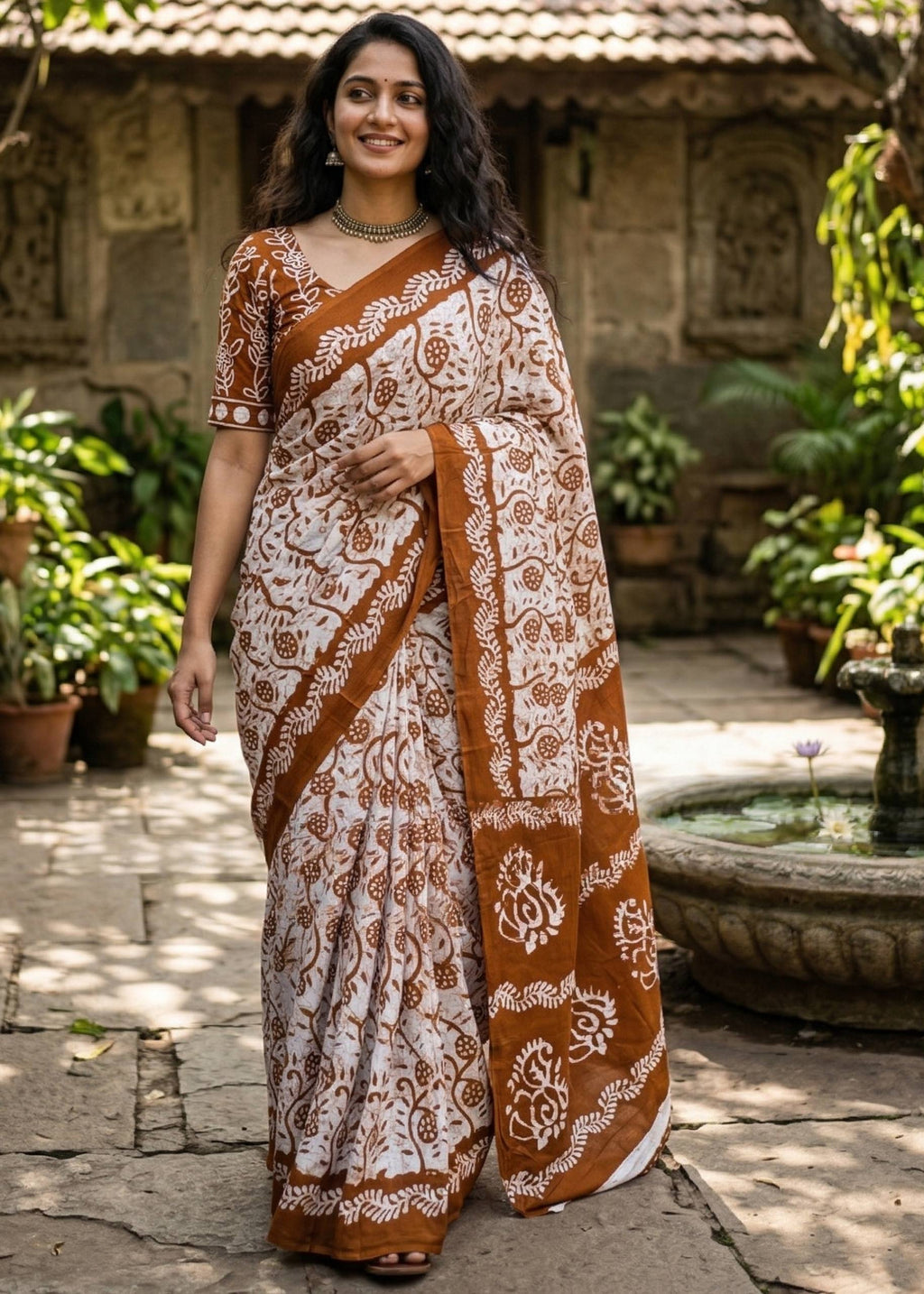 PURE SOFT COTTON BATIK PRINT BROWN SAREE WITH BLOUSE