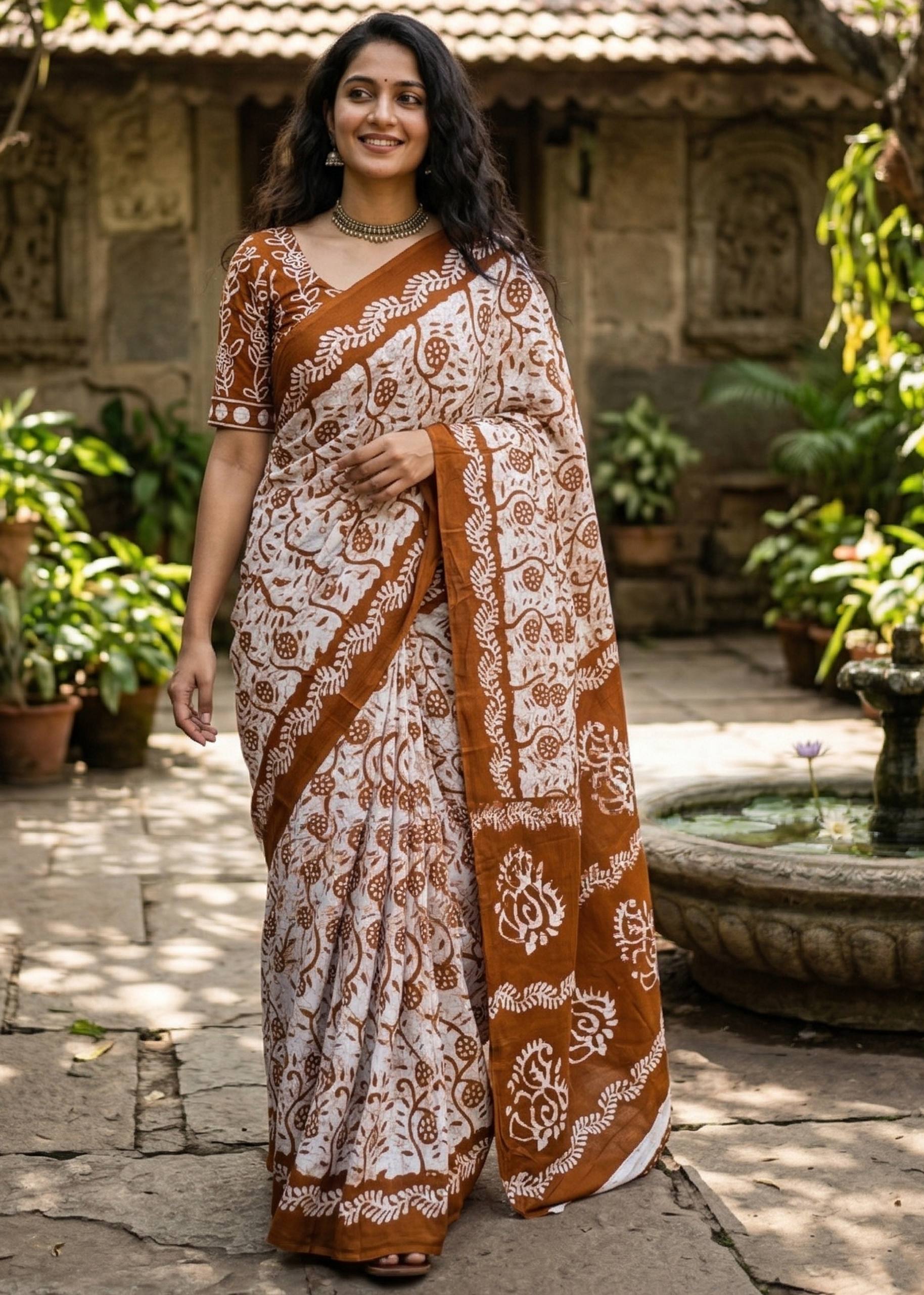 PURE SOFT COTTON BATIK PRINT BROWN SAREE WITH BLOUSE