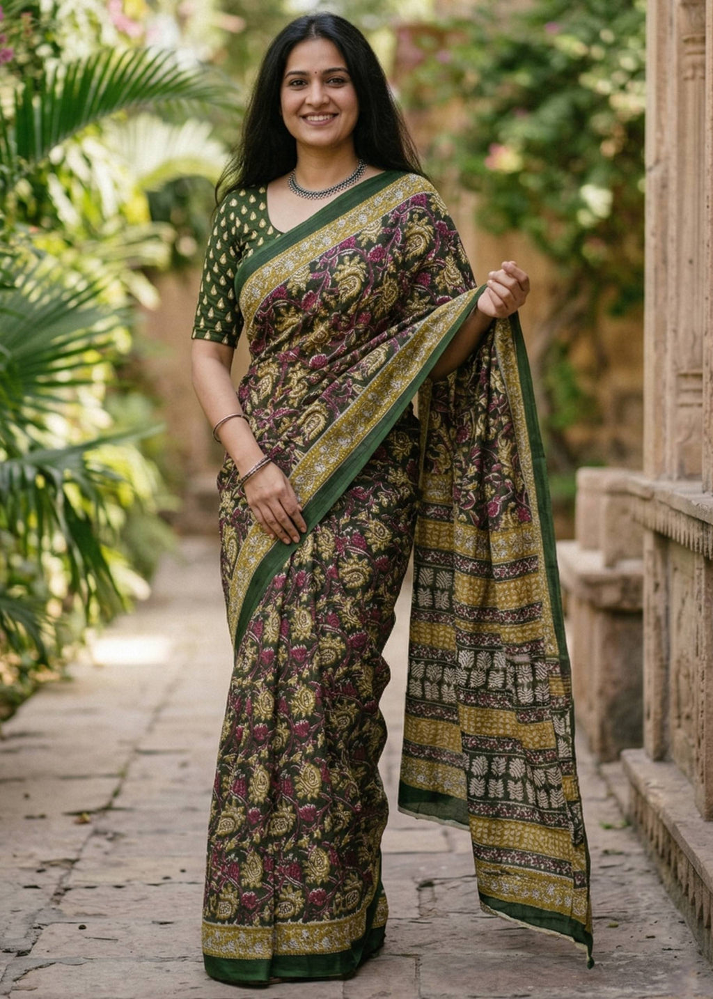 KALAMKARI PURE MULMUL HAND BLOCK PRINT COTTON GREEN SAREE WITH BLOUSE