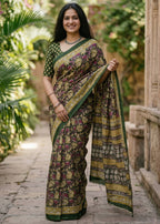 KALAMKARI PURE MULMUL HAND BLOCK PRINT COTTON GREEN SAREE WITH BLOUSE