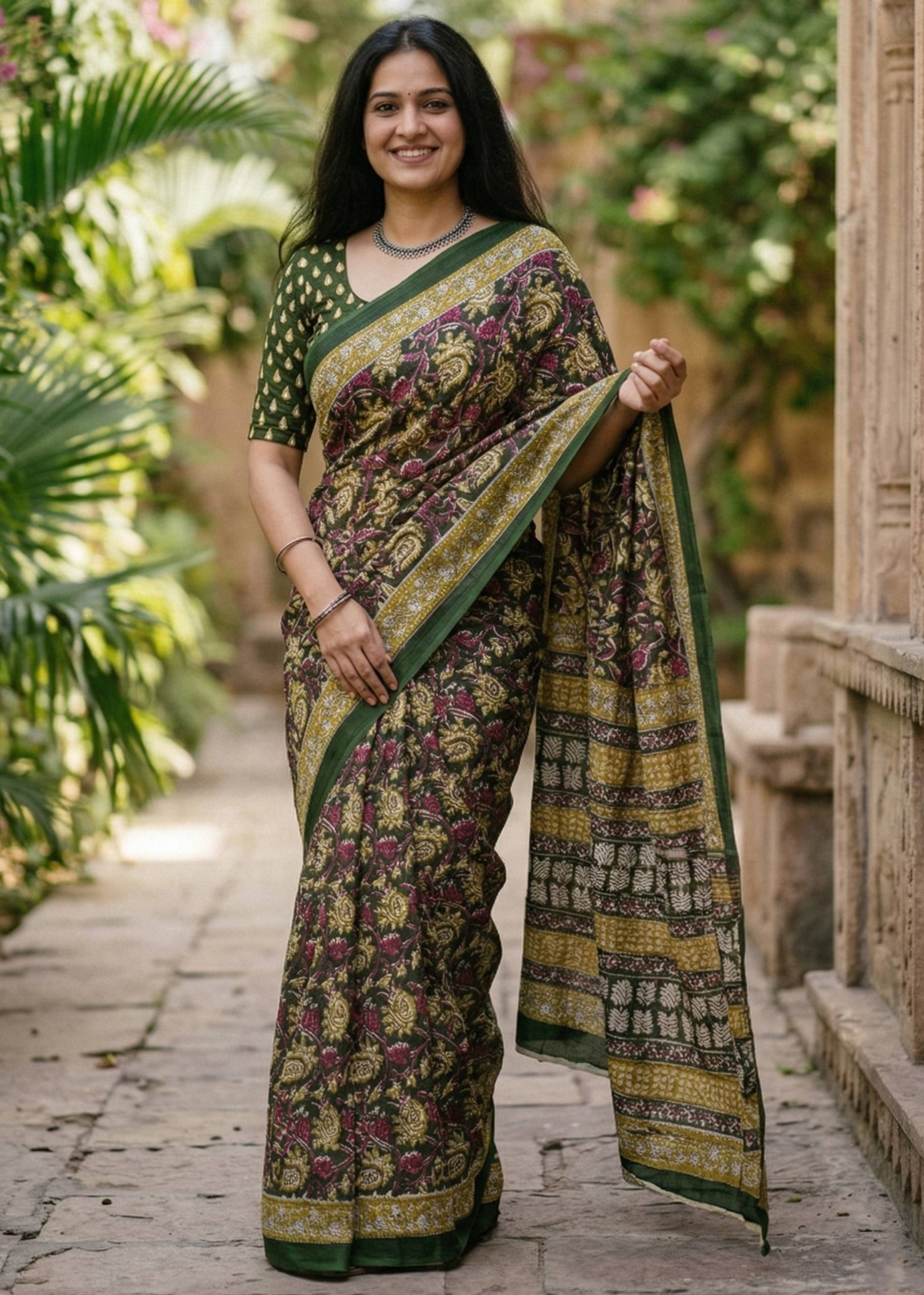 KALAMKARI PURE MULMUL HAND BLOCK PRINT COTTON GREEN SAREE WITH BLOUSE