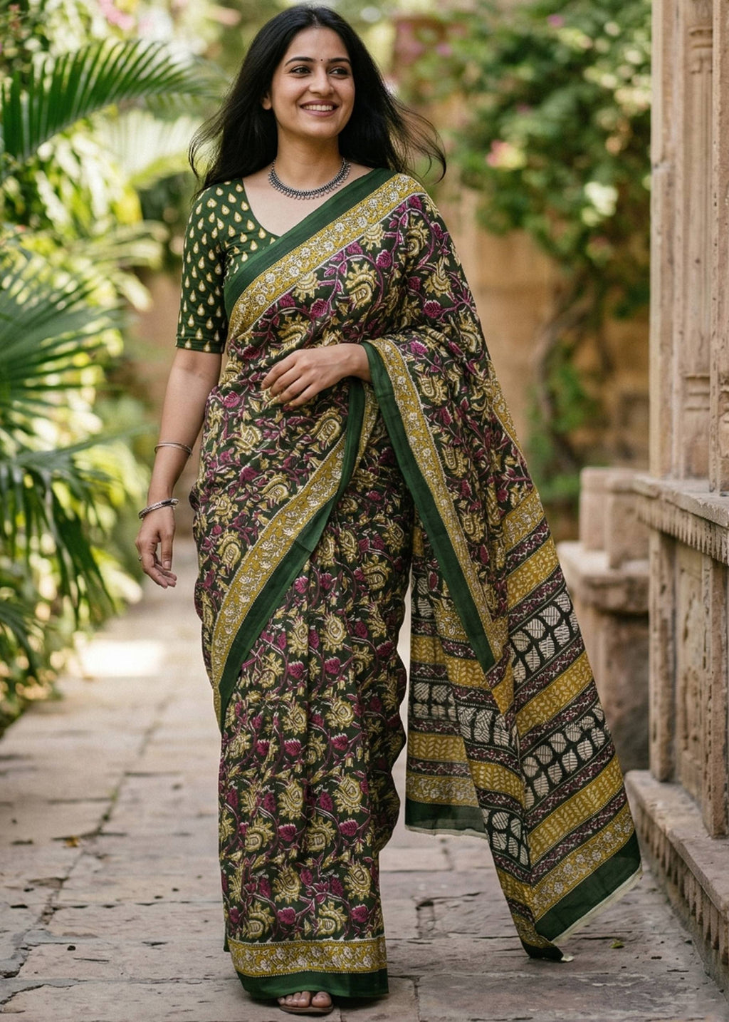 KALAMKARI PURE MULMUL HAND BLOCK PRINT COTTON GREEN SAREE WITH BLOUSE