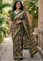 KALAMKARI PURE MULMUL HAND BLOCK PRINT COTTON GREEN SAREE WITH BLOUSE
