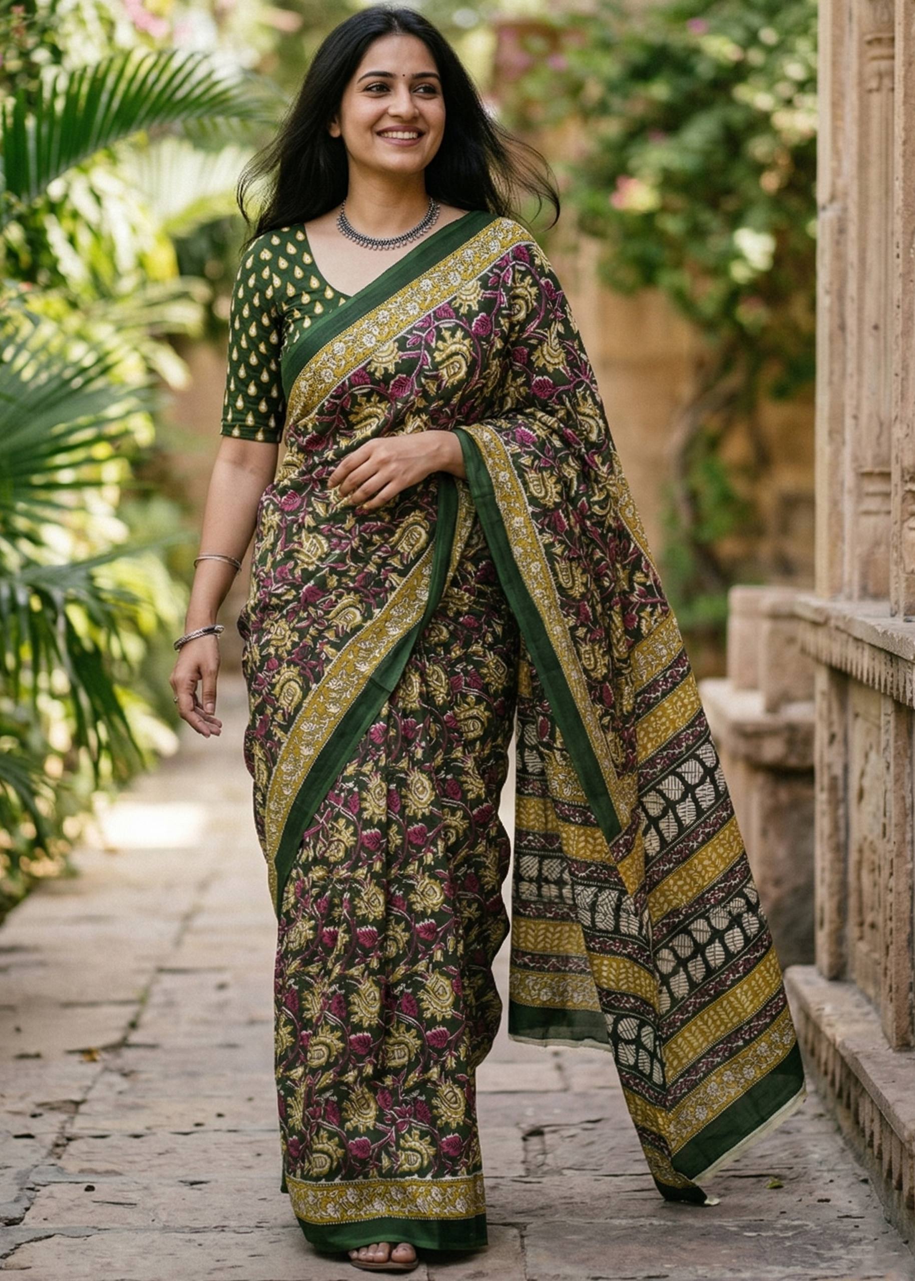 KALAMKARI PURE MULMUL HAND BLOCK PRINT COTTON GREEN SAREE WITH BLOUSE
