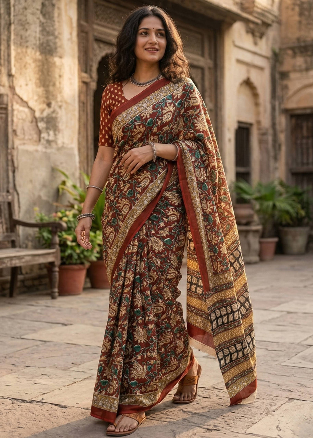 KALAMKARI PURE MULMUL HAND BLOCK PRINT COTTON BROWN SAREE WITH BLOUSE