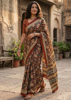 KALAMKARI PURE MULMUL HAND BLOCK PRINT COTTON BROWN SAREE WITH BLOUSE