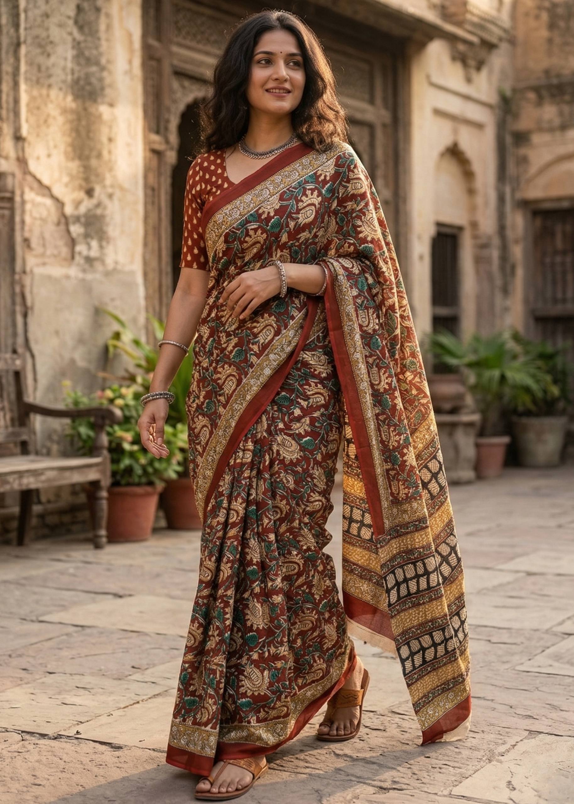 KALAMKARI PURE MULMUL HAND BLOCK PRINT COTTON BROWN SAREE WITH BLOUSE