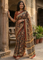 KALAMKARI PURE MULMUL HAND BLOCK PRINT COTTON BROWN SAREE WITH BLOUSE