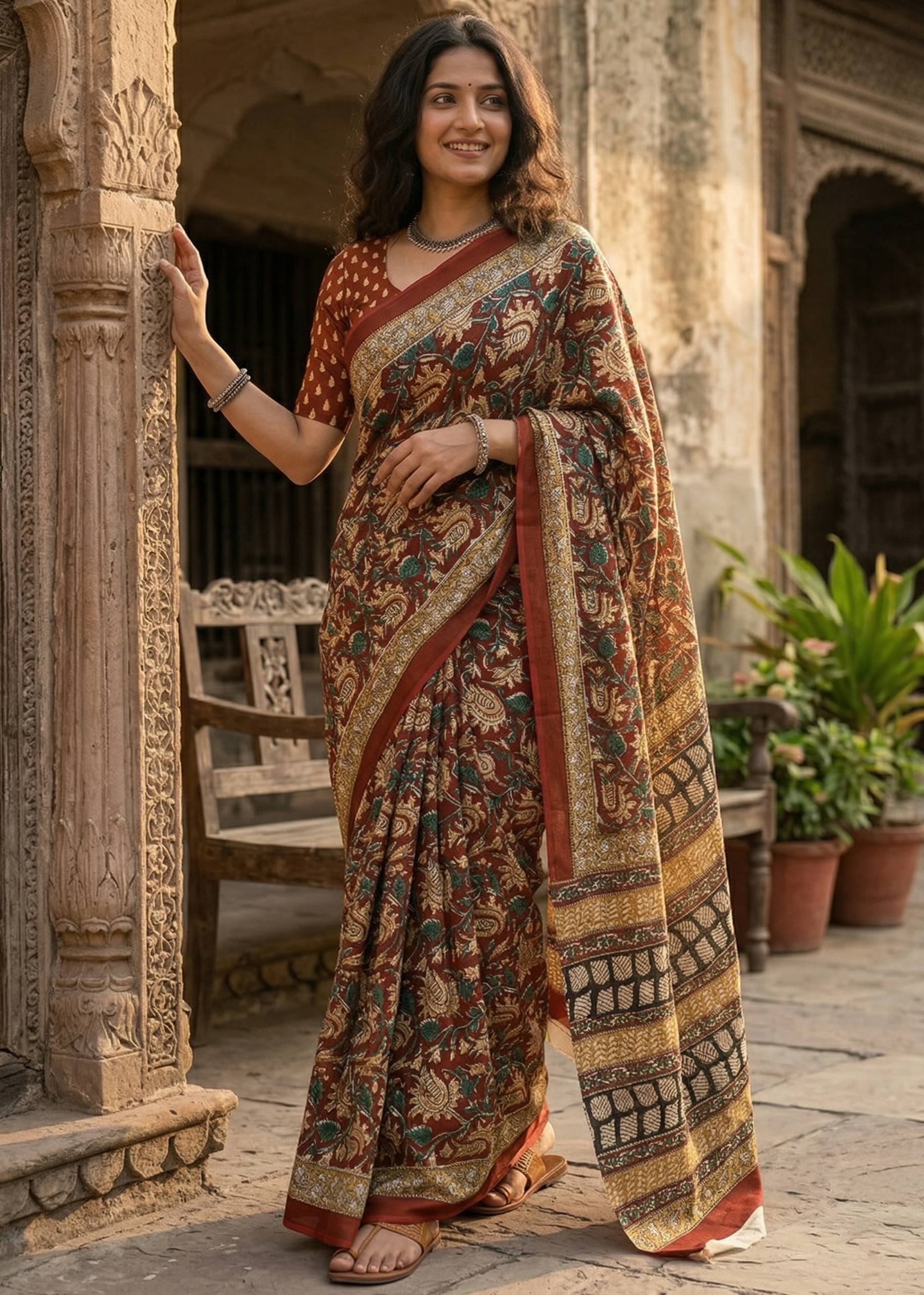 KALAMKARI PURE MULMUL HAND BLOCK PRINT COTTON BROWN SAREE WITH BLOUSE