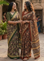 KALAMKARI PURE MULMUL HAND BLOCK PRINT COTTON GREEN SAREE WITH BLOUSE