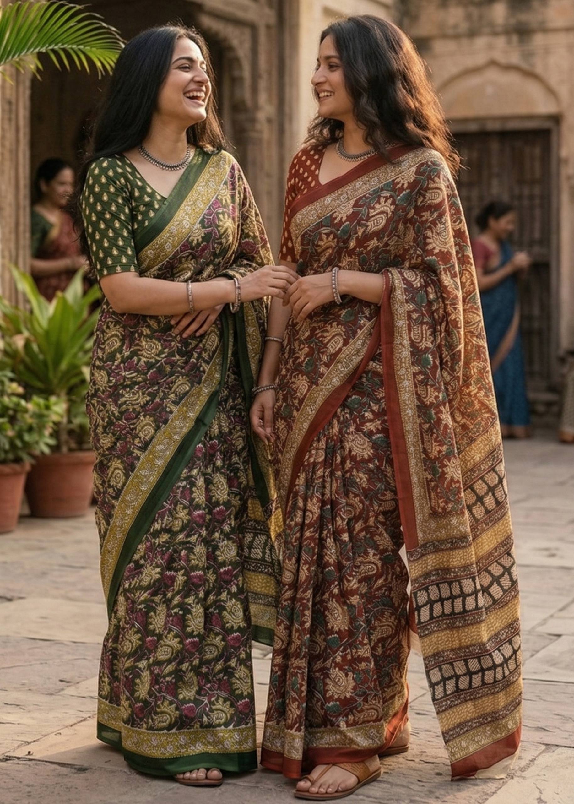 KALAMKARI PURE MULMUL HAND BLOCK PRINT COTTON GREEN SAREE WITH BLOUSE