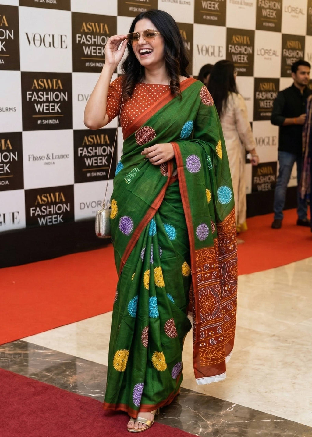 BANDHANI BLOCK PRINTE PURE SOFT COTTON GREEN SAREE WITH BLOUSE