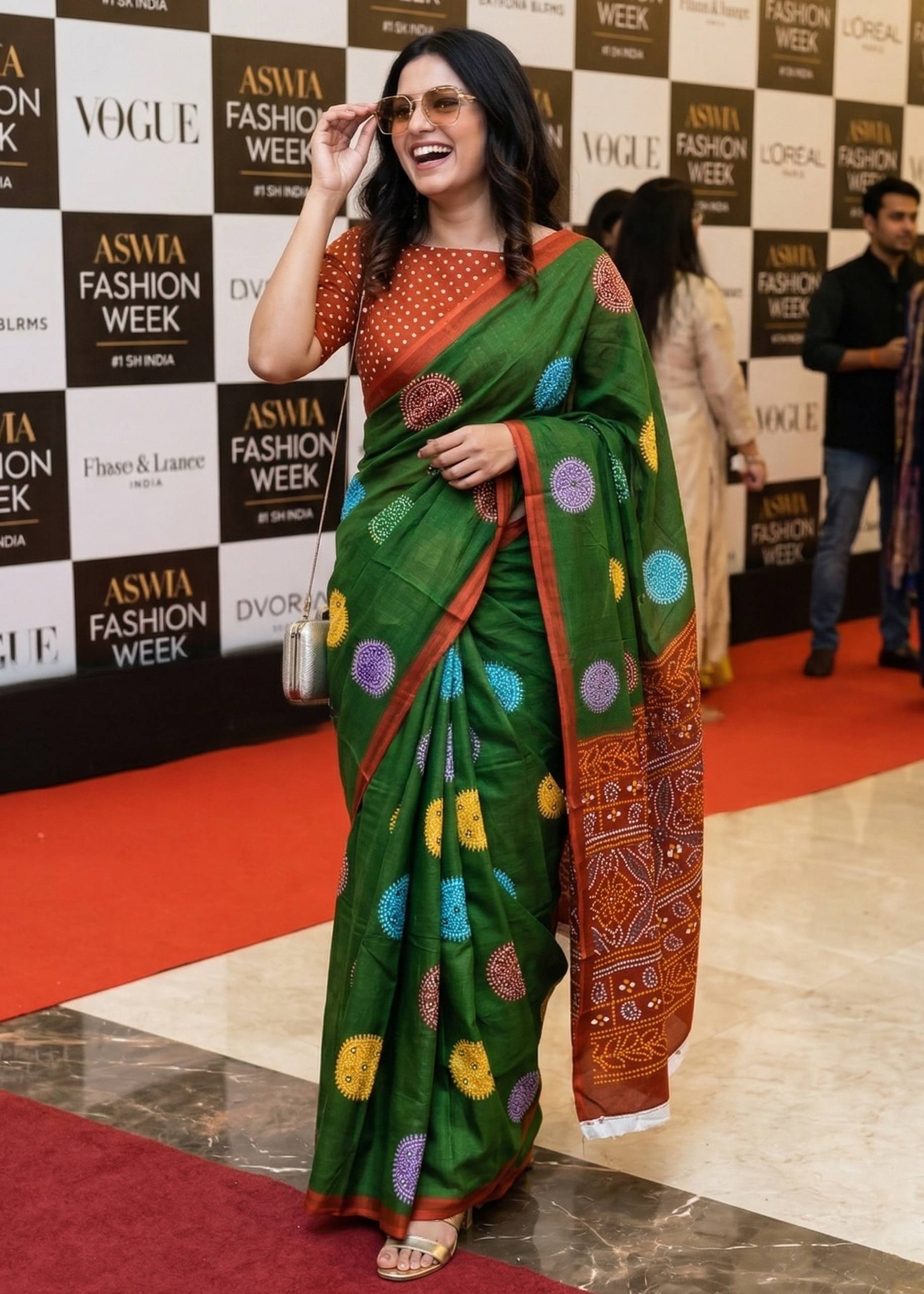 BANDHANI BLOCK PRINTE PURE SOFT COTTON GREEN SAREE WITH BLOUSE